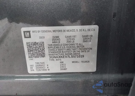 2020 Chevrolet Equinox Fwd Lt 1.5L Turbo z USA, uszkodzony, nr VIN 3GNAXKEV7LS571019